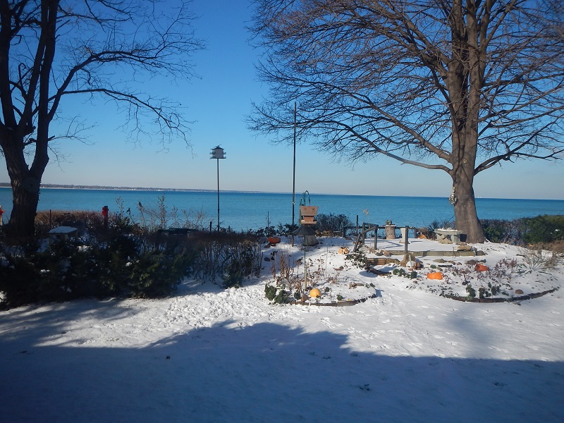 Looking over Lake Huron with pumpkins in the snow