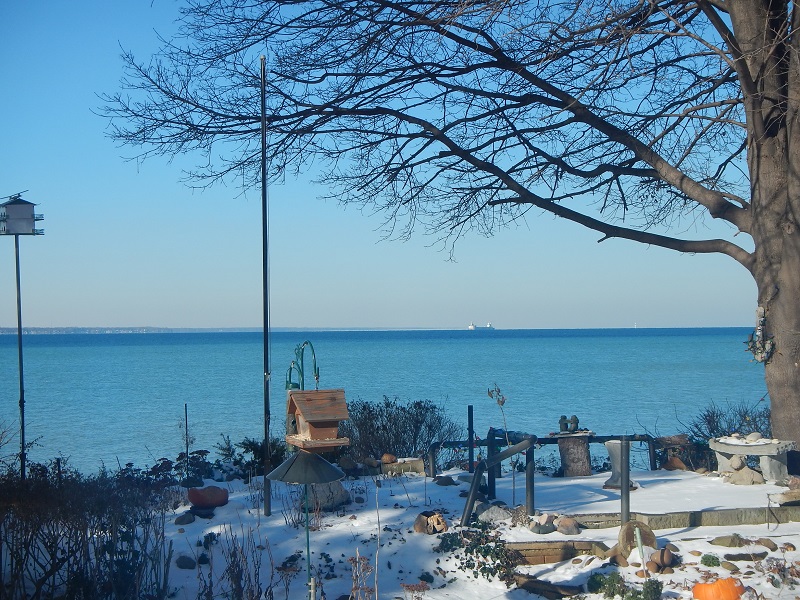A lake freighter makes it's way down the lake in winter