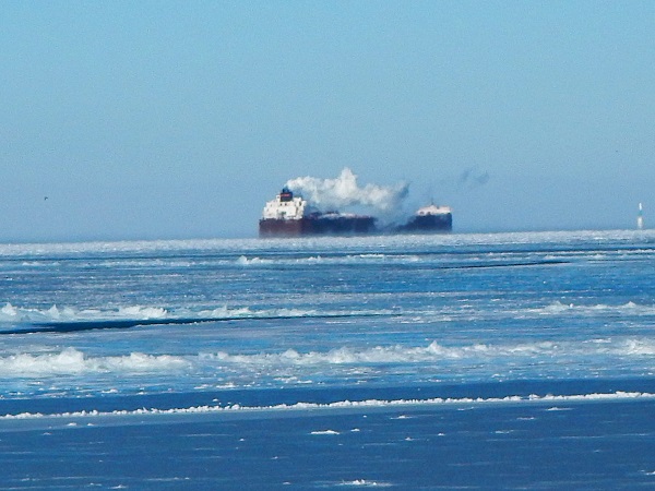 2018 Jan 4 a Lake Freighter makes it's way north through
        the ice